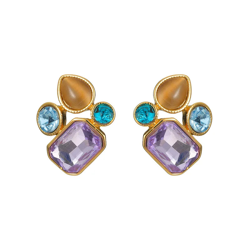 Luxury Colorful Gemstone Stud Earrings – 18K Gold-Plated Statement Crystal Earring - Lunelle London