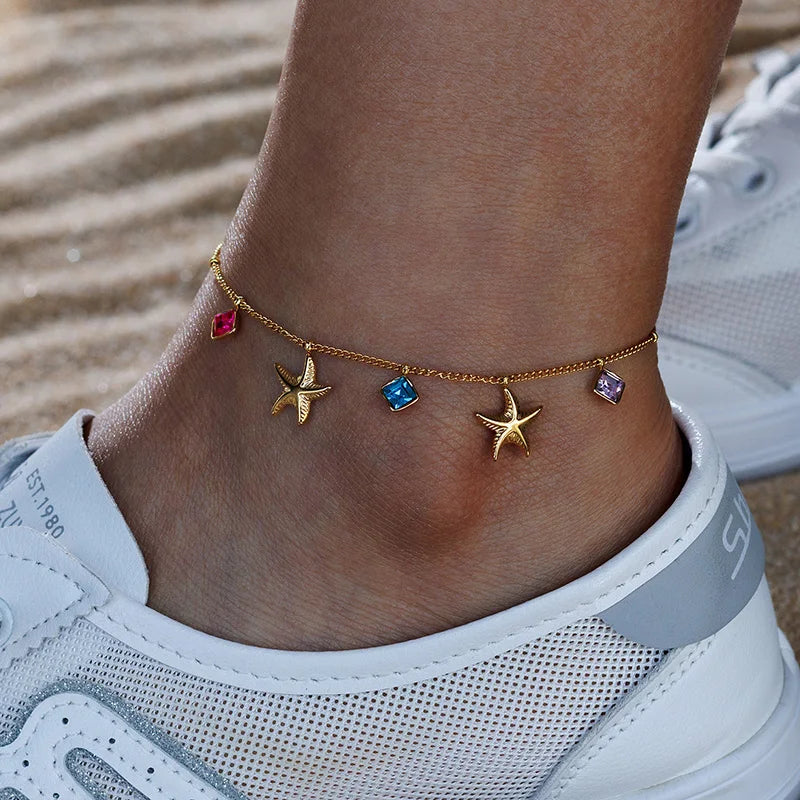 Luxury Gold Charm Anklet – Colorful Crystal, Pearl & Pendant Chain Anklet - Lunelle London