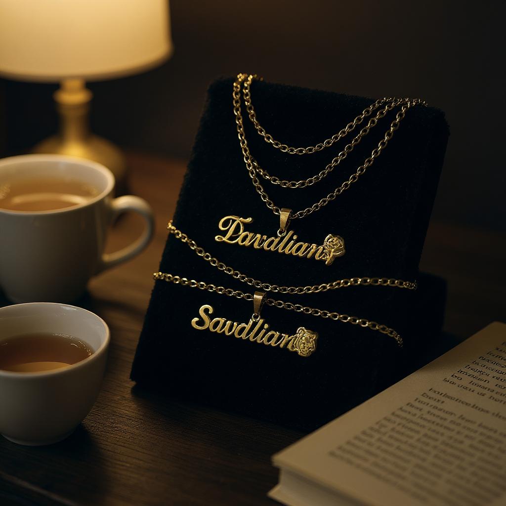 Gold necklaces with 'Davidian' and 'Savdilian' on a black stand with cups of coffee and a book in the background.