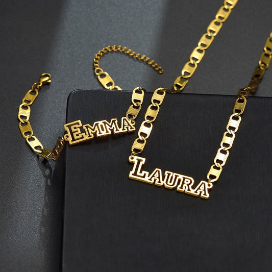 Thick Chain Custom Name Necklace And Bracelet Set