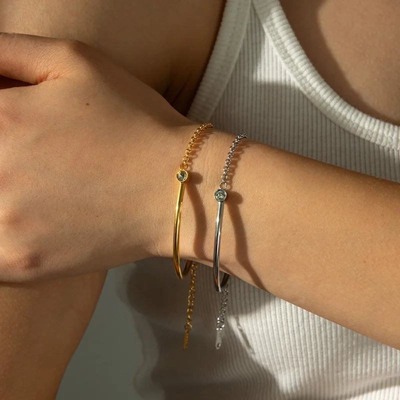Luxury Stainless Steel Minimalist Bangle Bracelet – Adjustable Gold & Silver Chain Design with Crystal Accent - Lunelle London