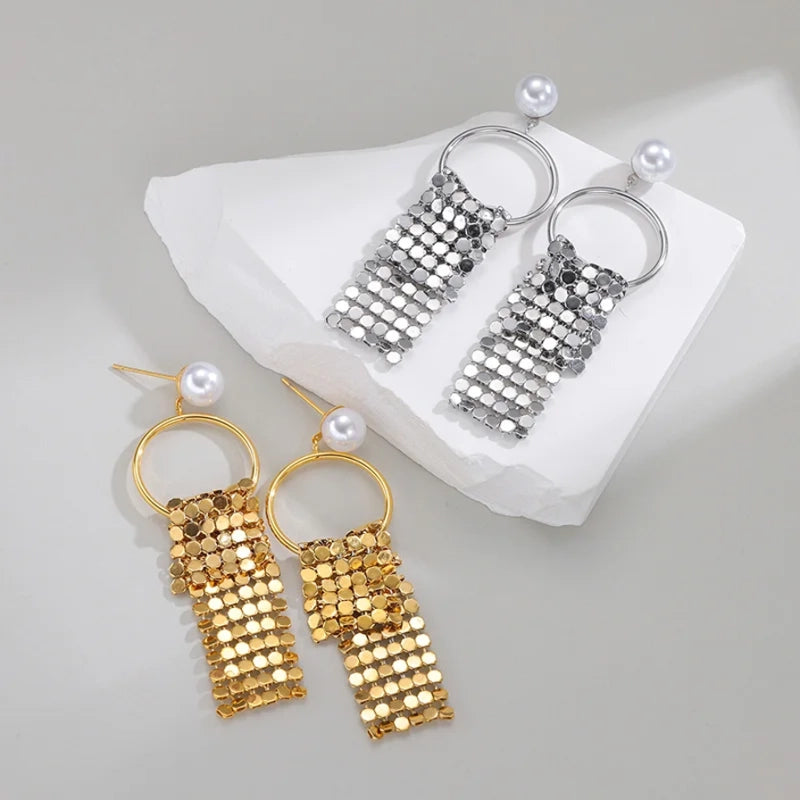 Elegant Pearl Mesh Tassel Earrings - Gold & Silver Long Drop Statement Earring - Lunelle London