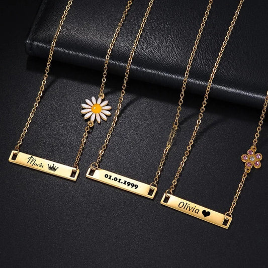 Custom Engraved Bar Necklace with Charm – Personalised Name, Date or Initials